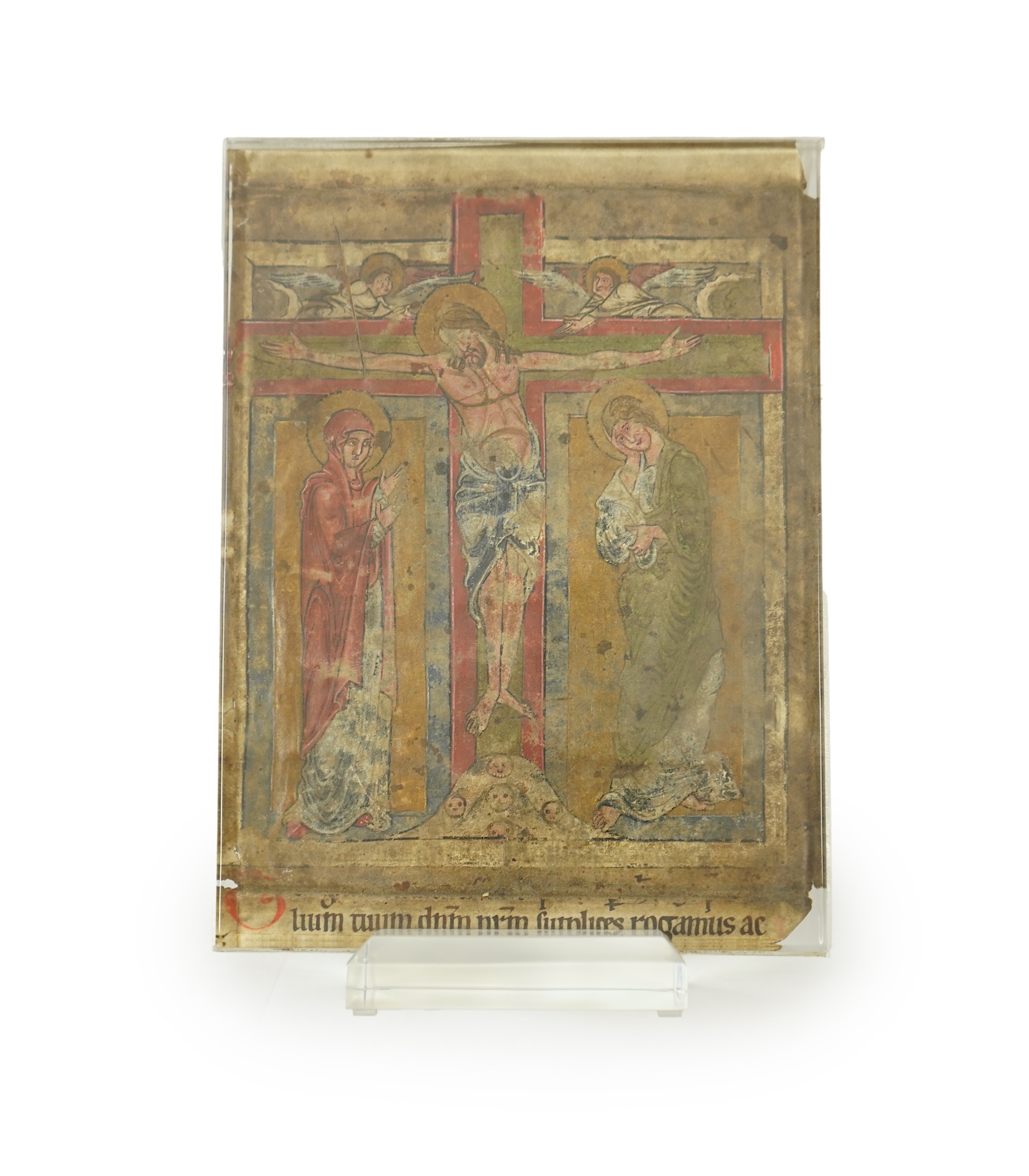 An illuminated leaf from a missal at the Canon, with Crucifixion scene, the reverse inscribed with the Te igitur, probably Austria or South German, second half 12th century